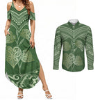 Green New Zealand Kawakawa Maori Ngaru Couples Matching Summer Maxi Dress and Long Sleeve Button Shirt