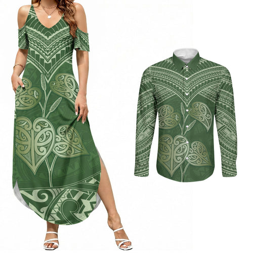 Green New Zealand Kawakawa Maori Ngaru Couples Matching Summer Maxi Dress and Long Sleeve Button Shirt