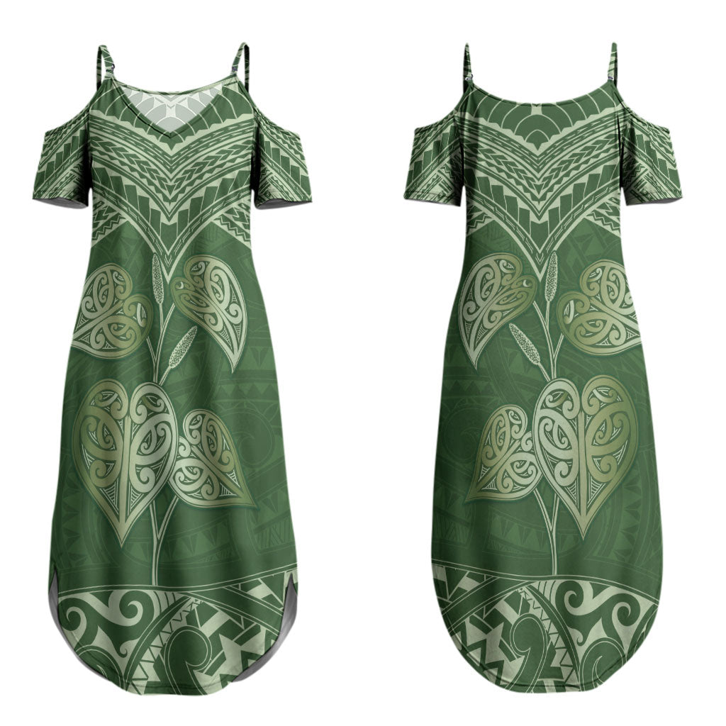 Green New Zealand Kawakawa Maori Ngaru Couples Matching Summer Maxi Dress and Long Sleeve Button Shirt