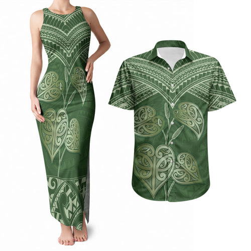 Green New Zealand Kawakawa Maori Ngaru Couples Matching Tank Maxi Dress and Hawaiian Shirt