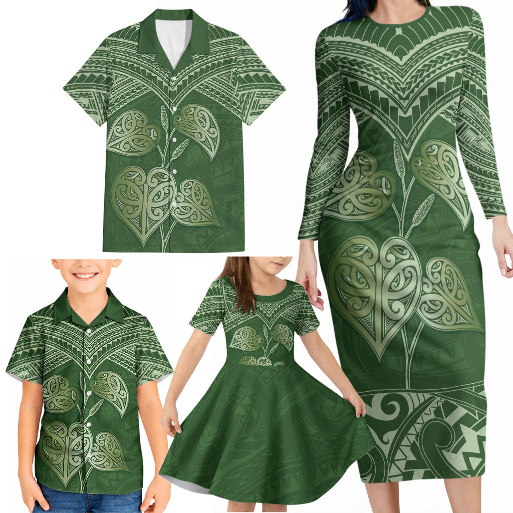 Green New Zealand Kawakawa Maori Ngaru Family Matching Long Sleeve Bodycon Dress and Hawaiian Shirt