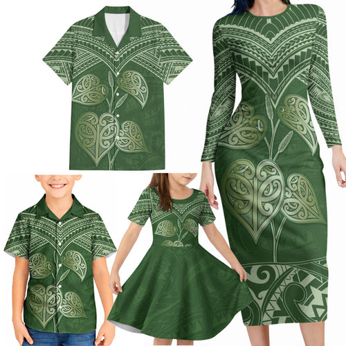 Green New Zealand Kawakawa Maori Ngaru Family Matching Long Sleeve Bodycon Dress and Hawaiian Shirt