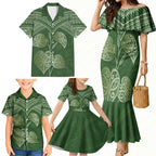 Green New Zealand Kawakawa Maori Ngaru Family Matching Mermaid Dress and Hawaiian Shirt