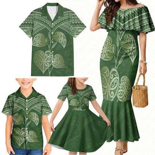 Green New Zealand Kawakawa Maori Ngaru Family Matching Mermaid Dress and Hawaiian Shirt