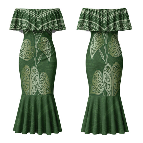 Green New Zealand Kawakawa Maori Ngaru Family Matching Mermaid Dress and Hawaiian Shirt