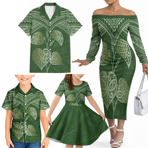 Green New Zealand Kawakawa Maori Ngaru Family Matching Off The Shoulder Long Sleeve Dress and Hawaiian Shirt