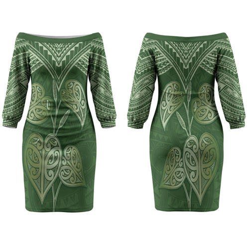 Green New Zealand Kawakawa Maori Ngaru Family Matching Off The Shoulder Long Sleeve Dress and Hawaiian Shirt