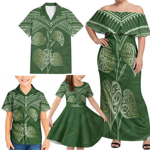 Green New Zealand Kawakawa Maori Ngaru Family Matching Off Shoulder Maxi Dress and Hawaiian Shirt