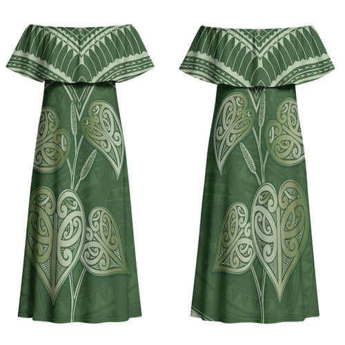 Green New Zealand Kawakawa Maori Ngaru Family Matching Off Shoulder Maxi Dress and Hawaiian Shirt