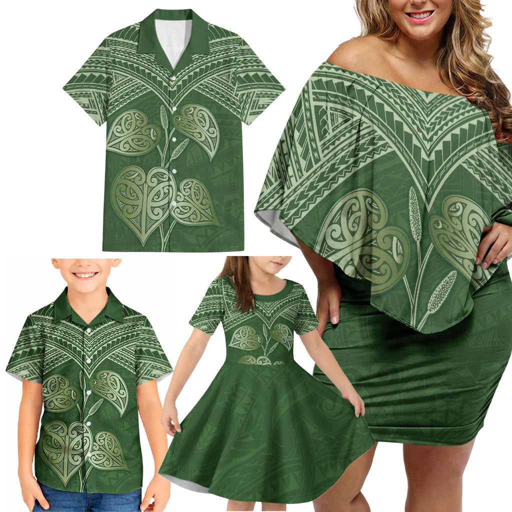Green New Zealand Kawakawa Maori Ngaru Family Matching Off Shoulder Short Dress and Hawaiian Shirt