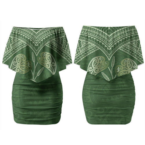Green New Zealand Kawakawa Maori Ngaru Family Matching Off Shoulder Short Dress and Hawaiian Shirt