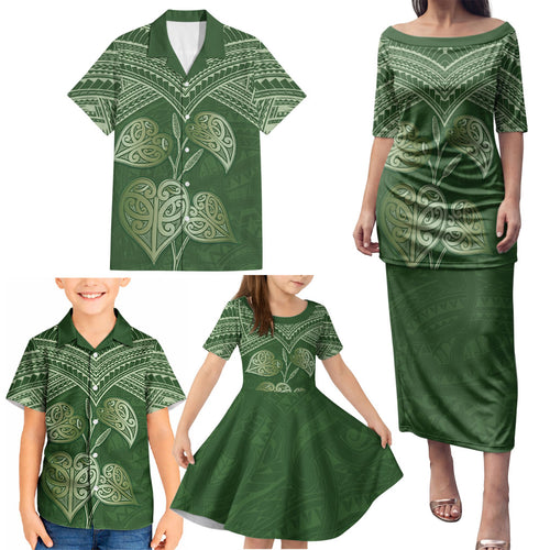 Green New Zealand Kawakawa Maori Ngaru Family Matching Puletasi and Hawaiian Shirt