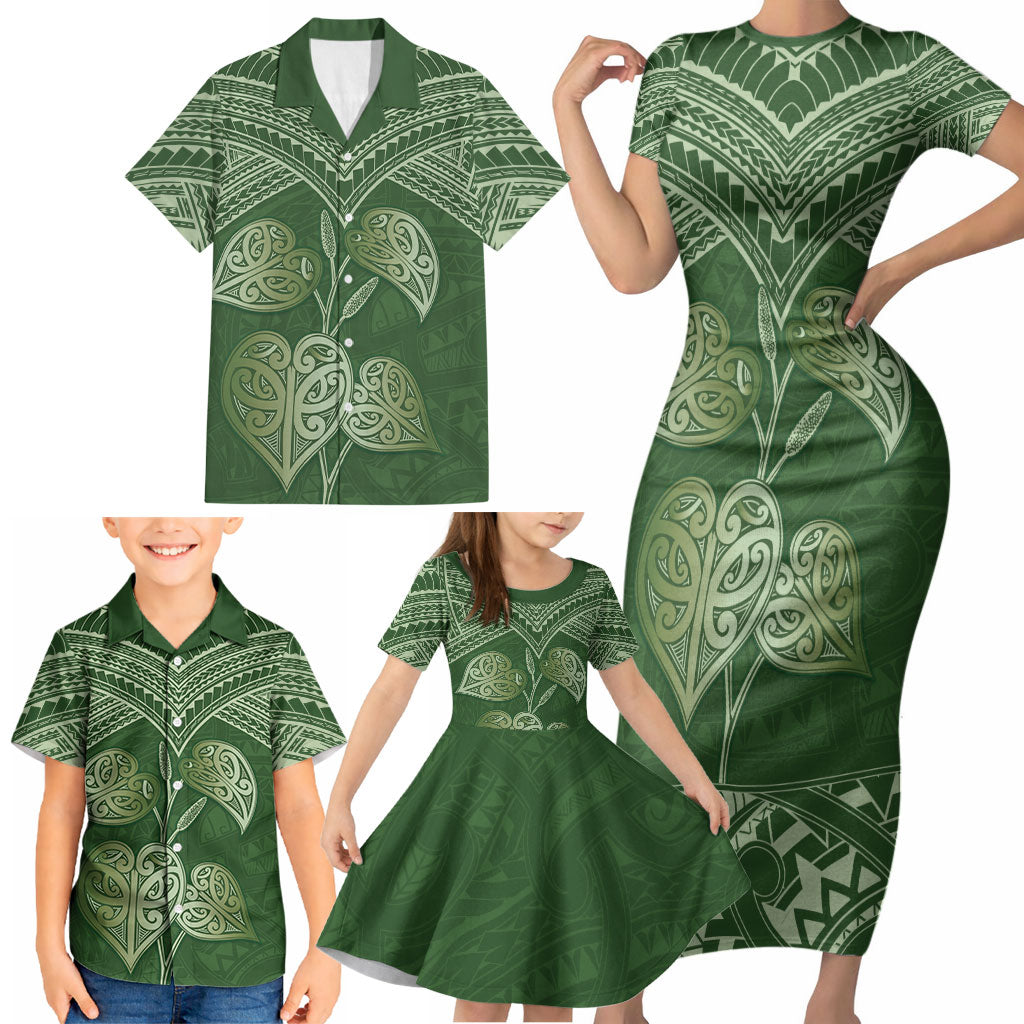 Green New Zealand Kawakawa Maori Ngaru Family Matching Short Sleeve Bodycon Dress and Hawaiian Shirt