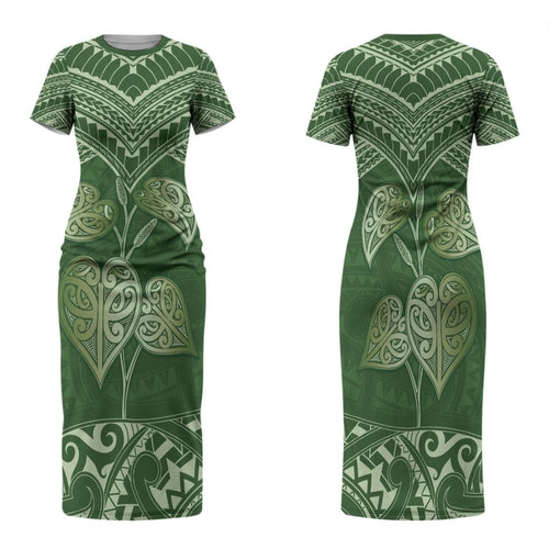 Green New Zealand Kawakawa Maori Ngaru Family Matching Short Sleeve Bodycon Dress and Hawaiian Shirt