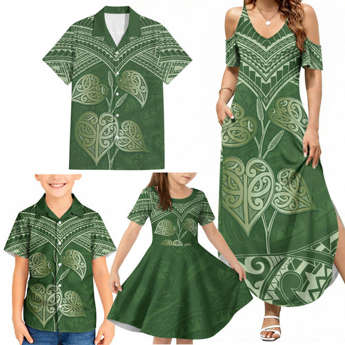 Green New Zealand Kawakawa Maori Ngaru Family Matching Summer Maxi Dress and Hawaiian Shirt