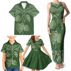 Green New Zealand Kawakawa Maori Ngaru Family Matching Tank Maxi Dress and Hawaiian Shirt