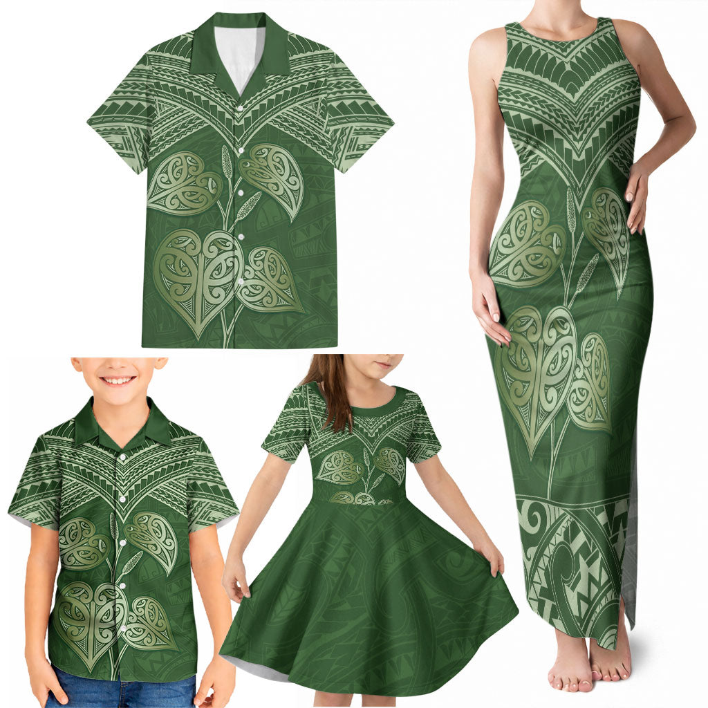 Green New Zealand Kawakawa Maori Ngaru Family Matching Tank Maxi Dress and Hawaiian Shirt