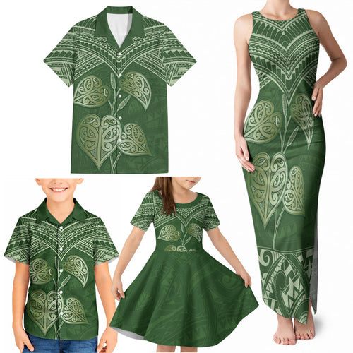 Green New Zealand Kawakawa Maori Ngaru Family Matching Tank Maxi Dress and Hawaiian Shirt
