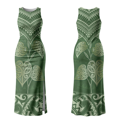 Green New Zealand Kawakawa Maori Ngaru Family Matching Tank Maxi Dress and Hawaiian Shirt