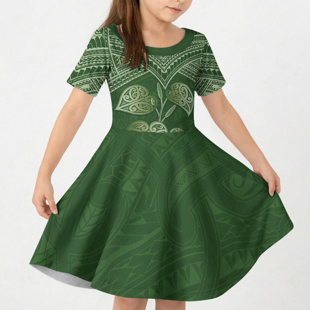 Green New Zealand Kawakawa Maori Ngaru Kid Short Sleeve Dress