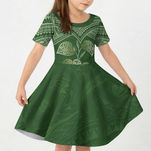 Green New Zealand Kawakawa Maori Ngaru Kid Short Sleeve Dress