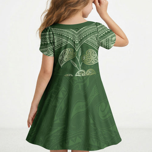 Green New Zealand Kawakawa Maori Ngaru Kid Short Sleeve Dress
