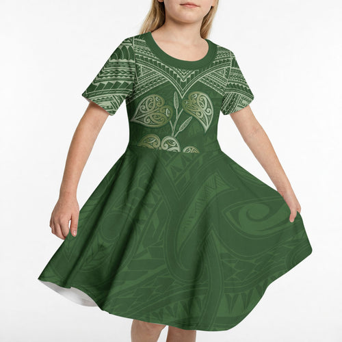 Green New Zealand Kawakawa Maori Ngaru Kid Short Sleeve Dress