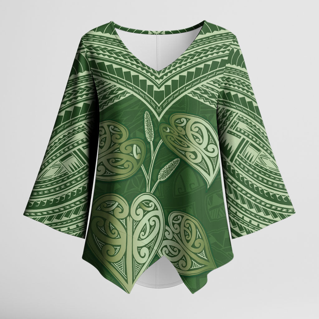 Green New Zealand Kawakawa Maori Ngaru Kimono Sleeve Blouse