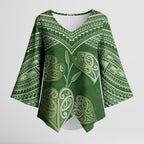 Green New Zealand Kawakawa Maori Ngaru Kimono Sleeve Blouse