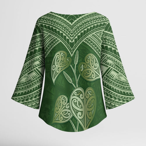 Green New Zealand Kawakawa Maori Ngaru Kimono Sleeve Blouse