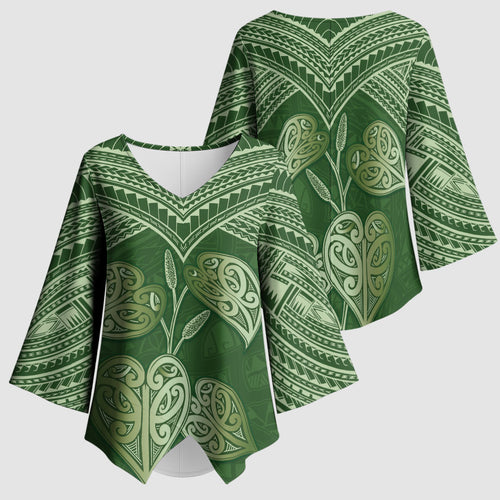 Green New Zealand Kawakawa Maori Ngaru Kimono Sleeve Blouse