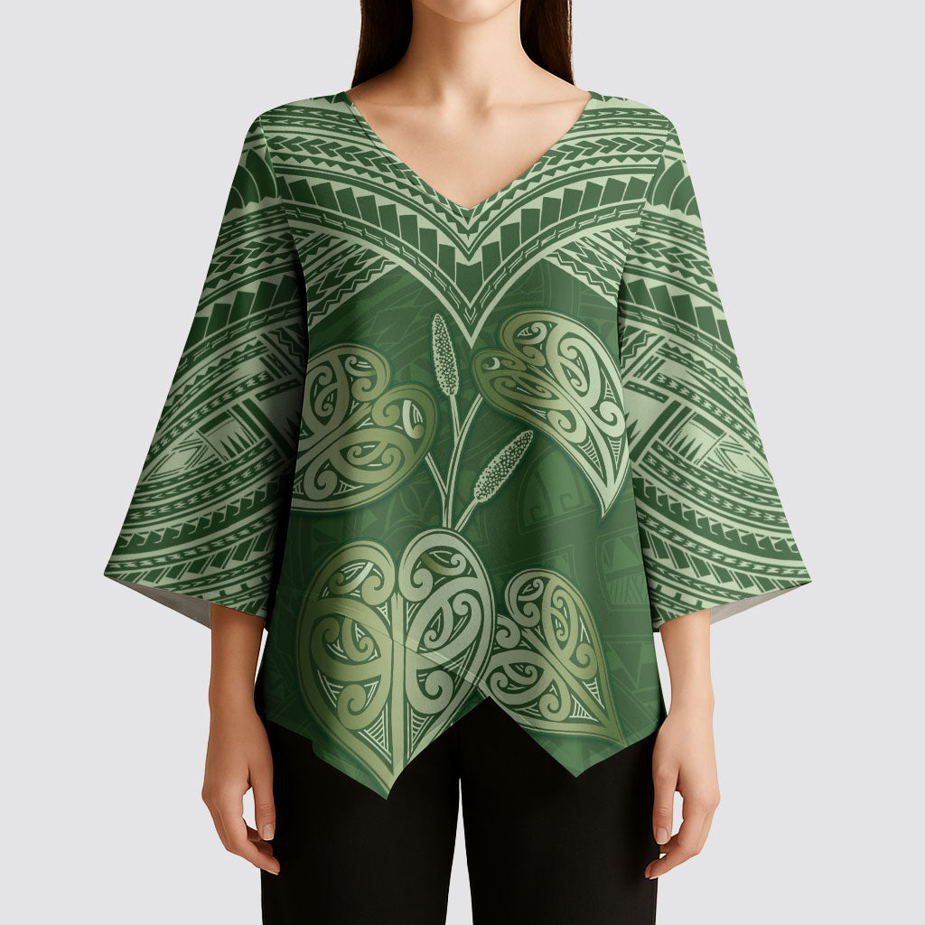 Green New Zealand Kawakawa Maori Ngaru Kimono Sleeve Blouse