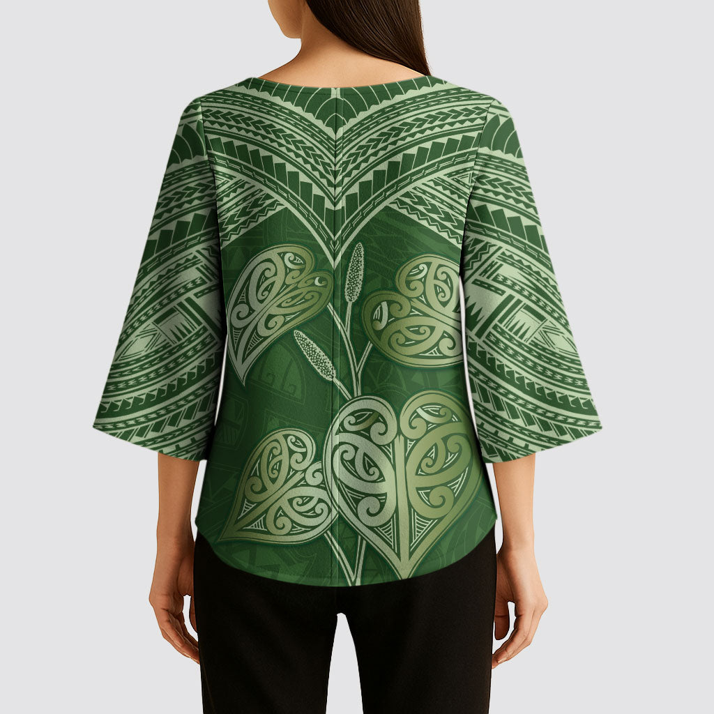 Green New Zealand Kawakawa Maori Ngaru Kimono Sleeve Blouse
