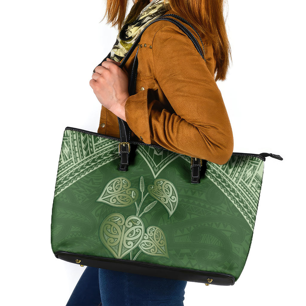 Green New Zealand Kawakawa Maori Ngaru Leather Tote Bag