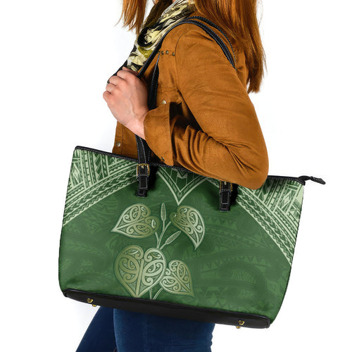 Green New Zealand Kawakawa Maori Ngaru Leather Tote Bag