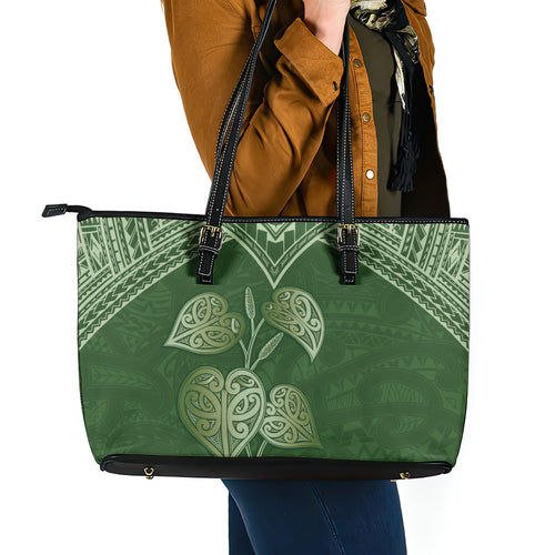 Green New Zealand Kawakawa Maori Ngaru Leather Tote Bag