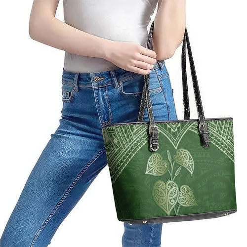 Green New Zealand Kawakawa Maori Ngaru Leather Tote Bag