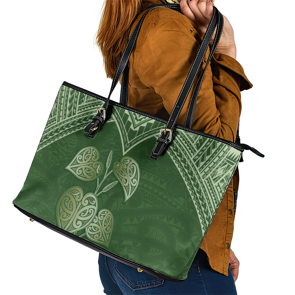 Green New Zealand Kawakawa Maori Ngaru Leather Tote Bag