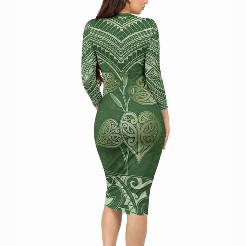 Green New Zealand Kawakawa Maori Ngaru Long Sleeve Bodycon Dress