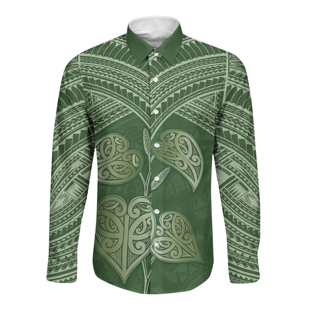 Green New Zealand Kawakawa Maori Ngaru Long Sleeve Button Shirt