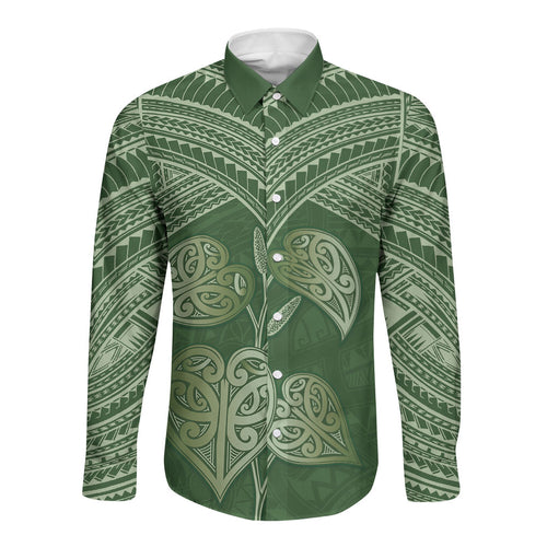 Green New Zealand Kawakawa Maori Ngaru Long Sleeve Button Shirt