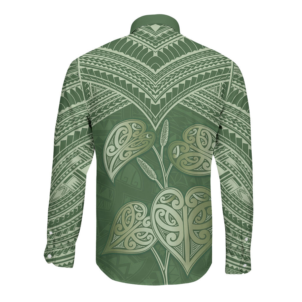Green New Zealand Kawakawa Maori Ngaru Long Sleeve Button Shirt