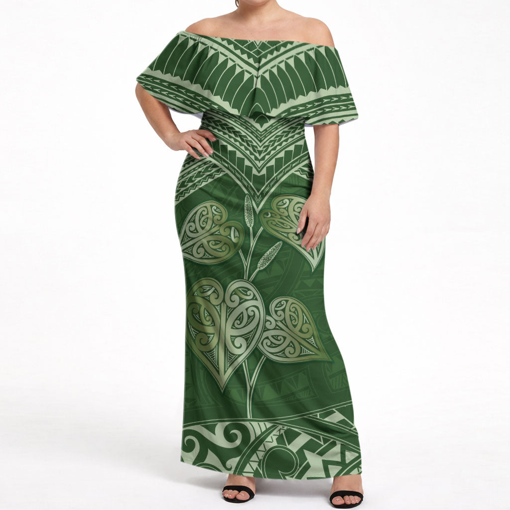 Green New Zealand Kawakawa Maori Ngaru Off Shoulder Maxi Dress