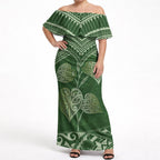 Green New Zealand Kawakawa Maori Ngaru Off Shoulder Maxi Dress