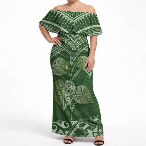 Green New Zealand Kawakawa Maori Ngaru Off Shoulder Maxi Dress
