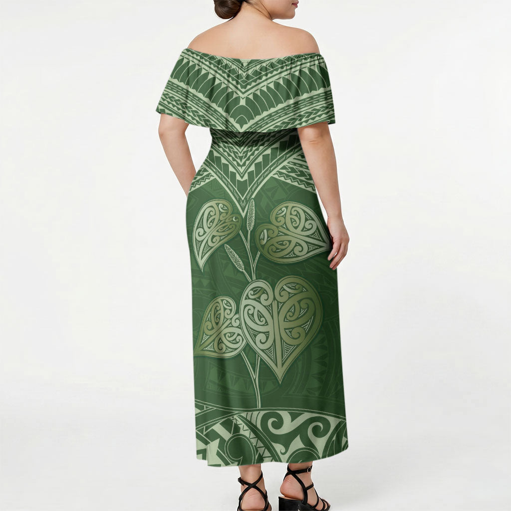Green New Zealand Kawakawa Maori Ngaru Off Shoulder Maxi Dress