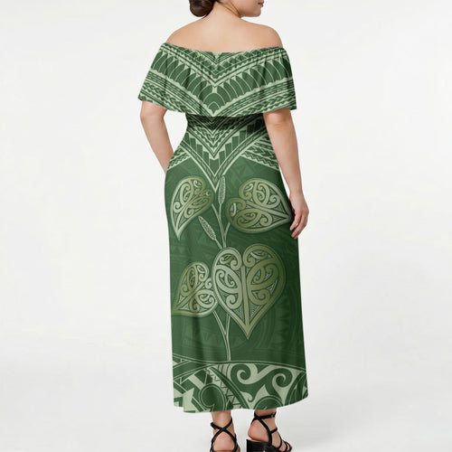 Green New Zealand Kawakawa Maori Ngaru Off Shoulder Maxi Dress