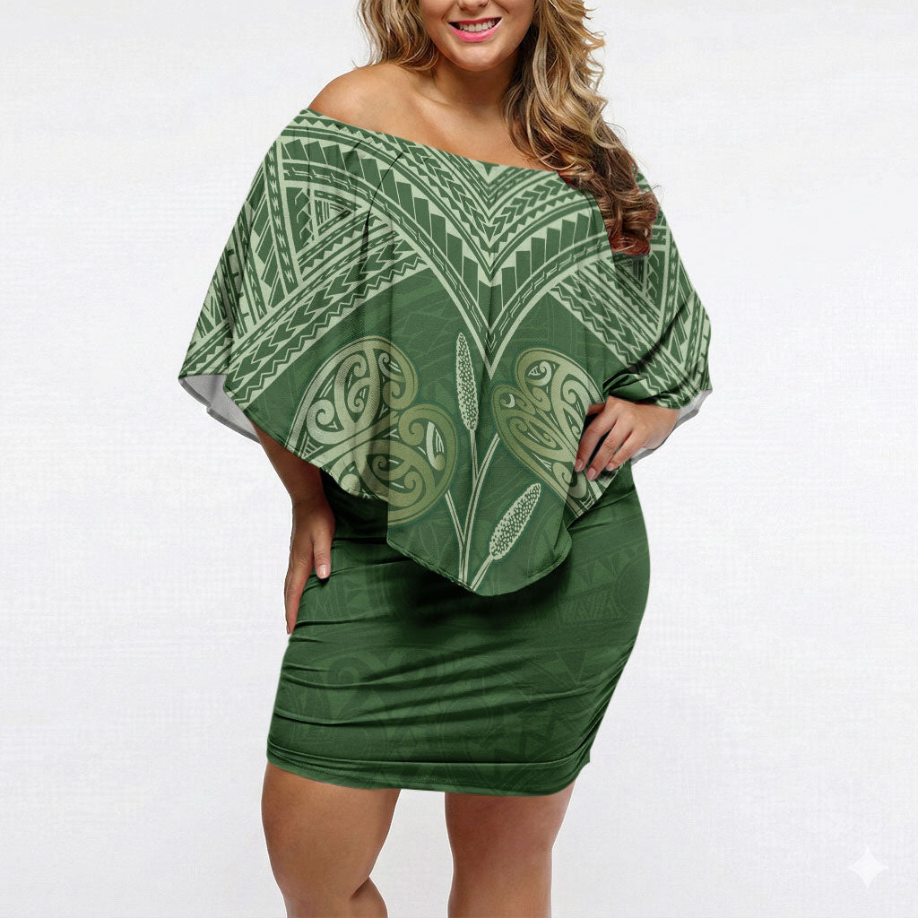 Green New Zealand Kawakawa Maori Ngaru Off Shoulder Short Dress