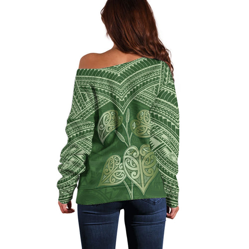 Green New Zealand Kawakawa Maori Ngaru Off Shoulder Sweater