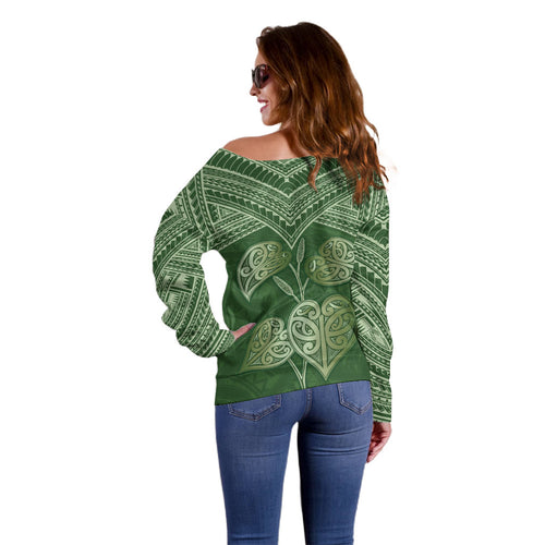 Green New Zealand Kawakawa Maori Ngaru Off Shoulder Sweater